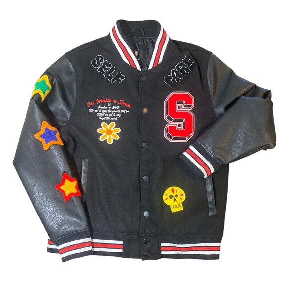 Bleecker & Mercer Jacket Men’s Medium Black Embroidered Varsity Streetwear - Picture 1 of 14